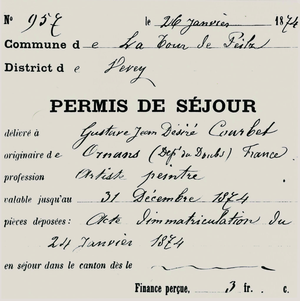 Aufenthaltserlaubnis für Gustave Courbet, die durch die Gemeinde La Tour-de-Peilz am 26. Januar 1874 erteilt wurde. Stadtarchive.